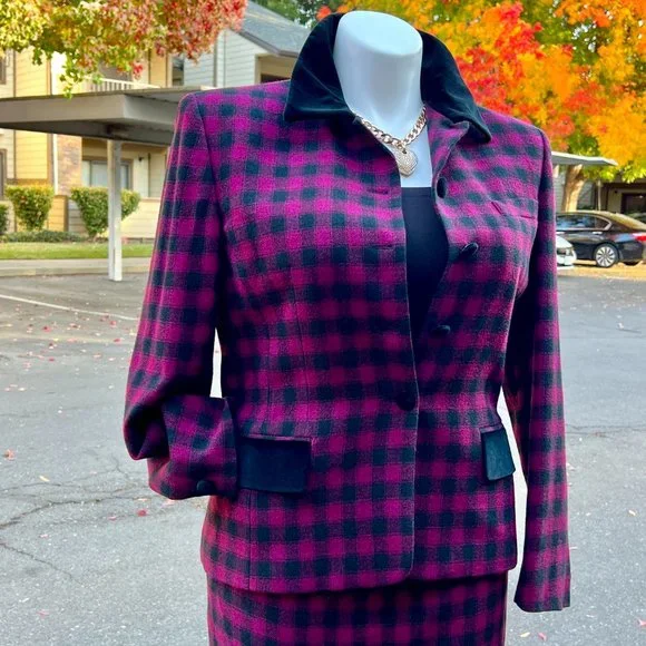 Vintage Jones New York Velvet Trim Plaid Lined Wool Skirt Suit Size 14 - Picture 2 of 13